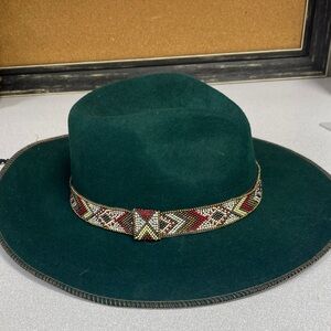 Forest Green Wide-Brim Hat with Beaded Band
